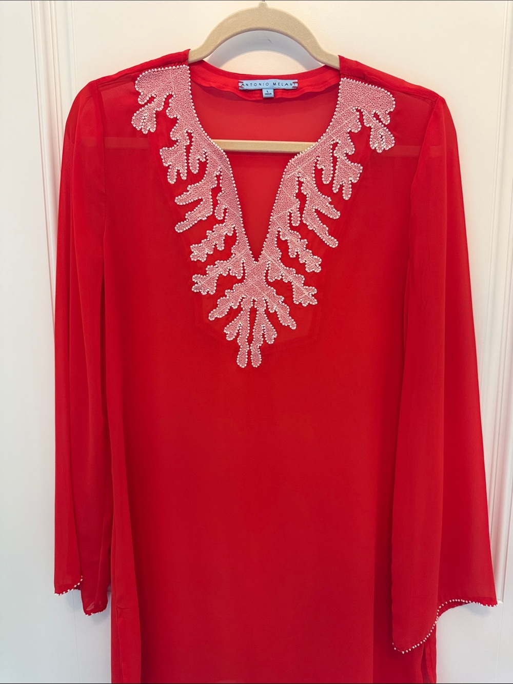 Antonio Melani Red Beaded V-Neck Women's swim cover up tunic